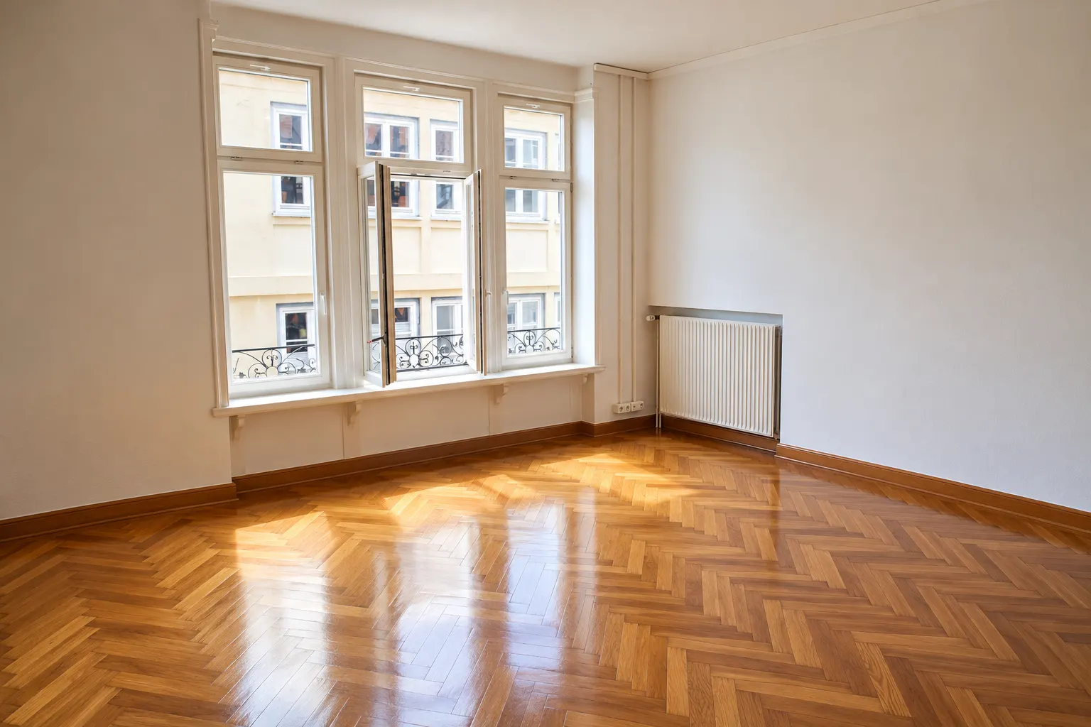 Parquet en espiga recién pulido y plastificado en un living de Montevideo
