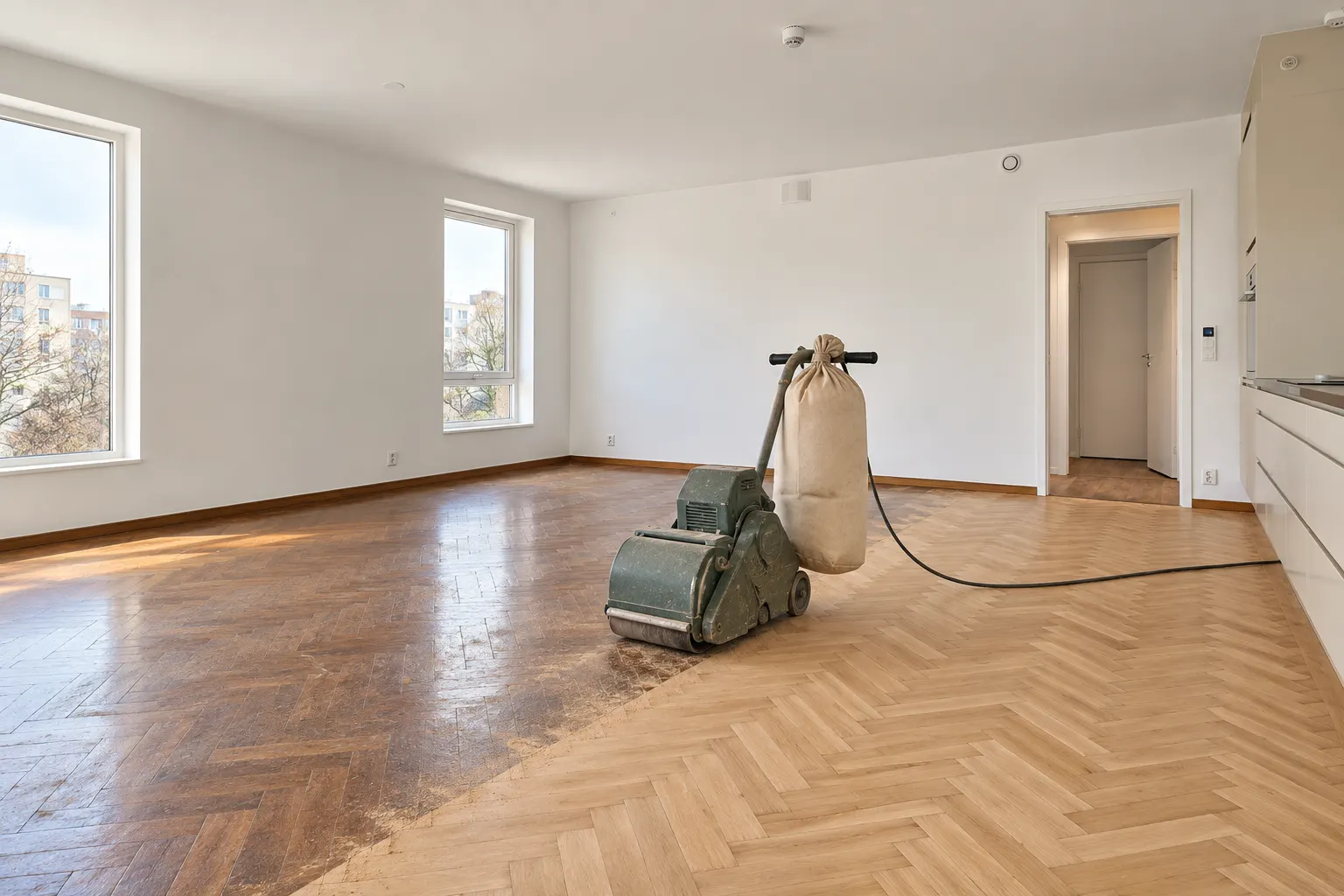 Pulidora de tambor sobre un parquet a medio pulir