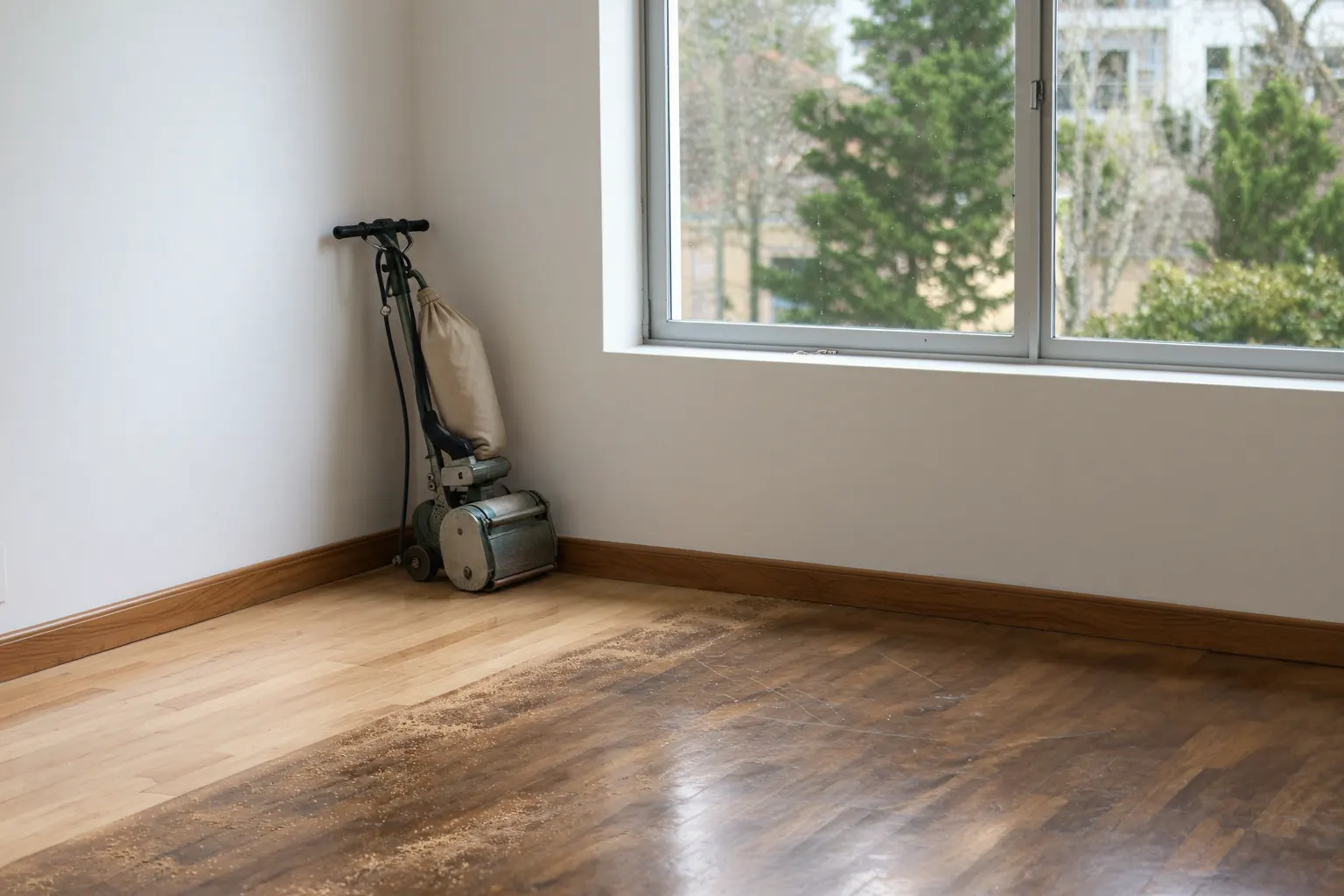 Lijadora de bordes junto al zócalo de un parquet a medio pulir