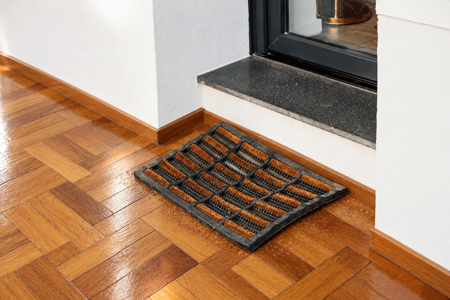 Felpudo en la entrada de una casa con piso de parquet
