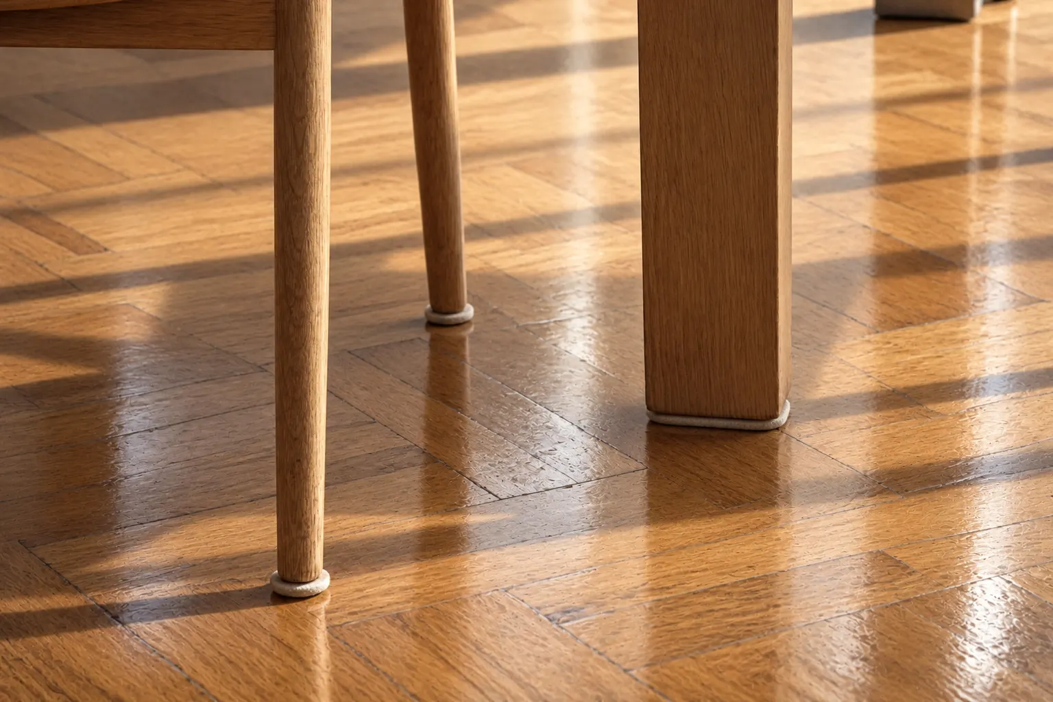 Fieltros bajo las patas de una silla sobre parquet plastificado