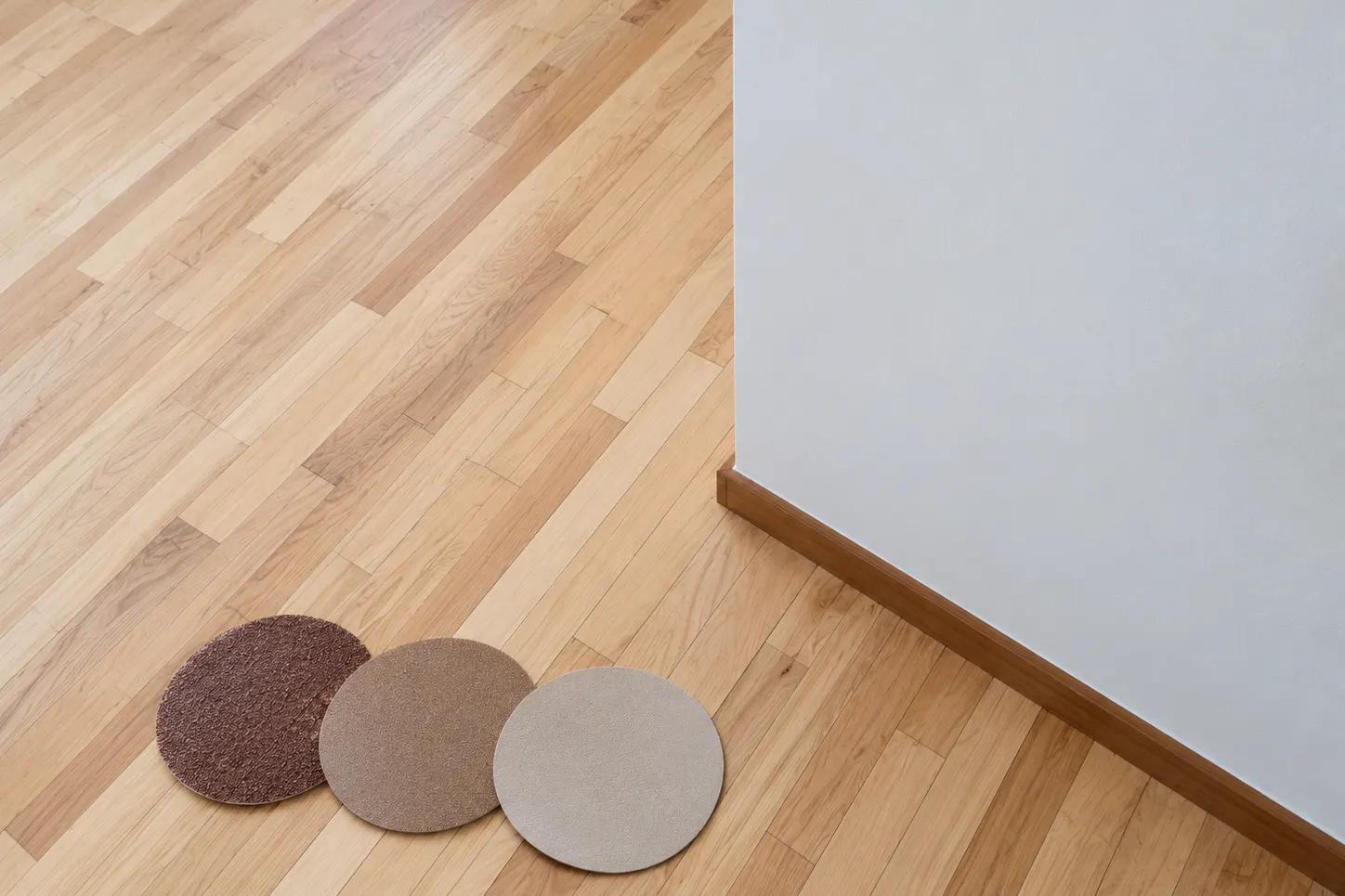 Discos de lija de distintos granos sobre parquet recién pulido