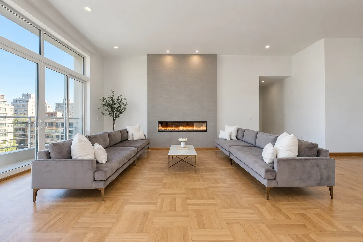 Living de apartamento con parquet claro hidrolaqueado mate