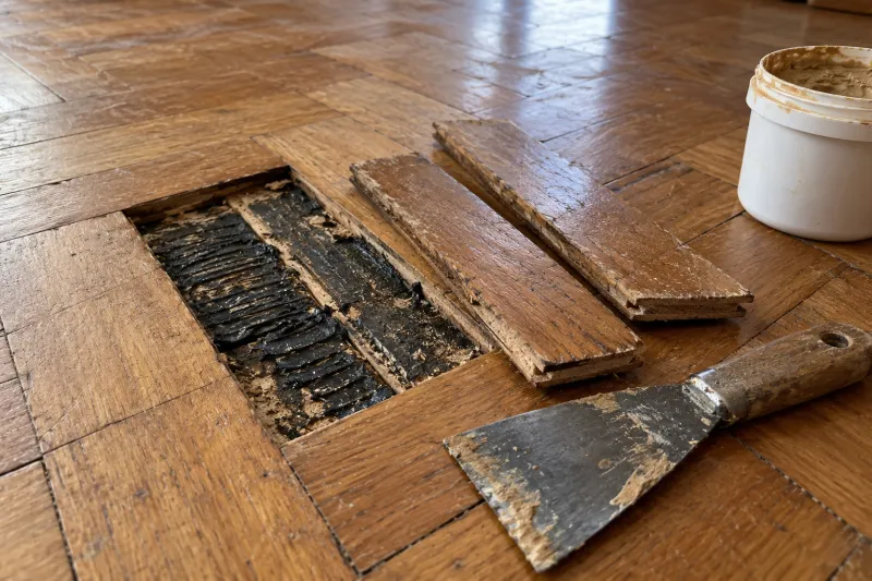 Parquet con dos tablillas sacadas, el pegamento viejo a la vista y una espátula